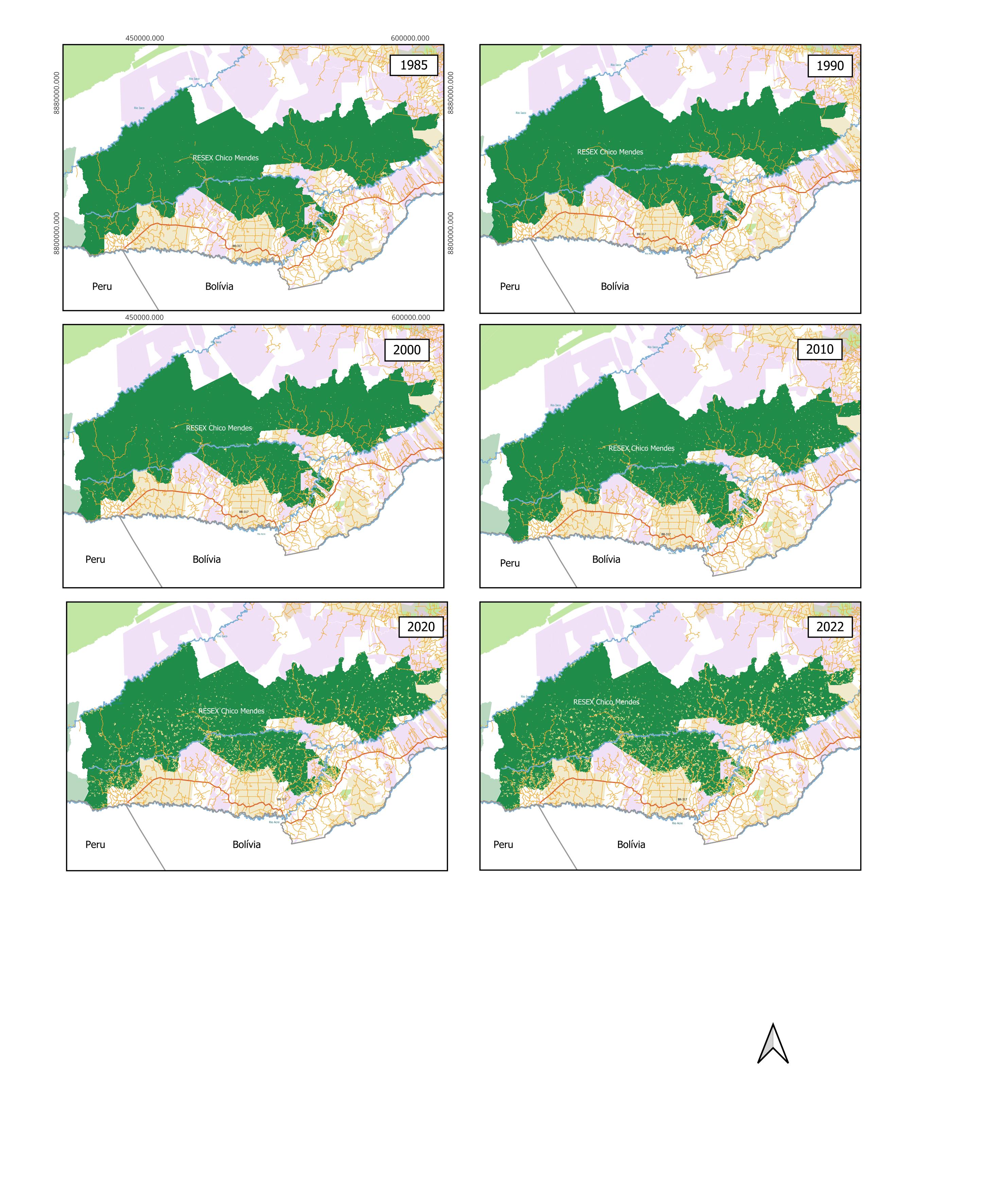 Six-frame small-multiples atlas of Chico Mendes Reserve, 1985 to 2022
